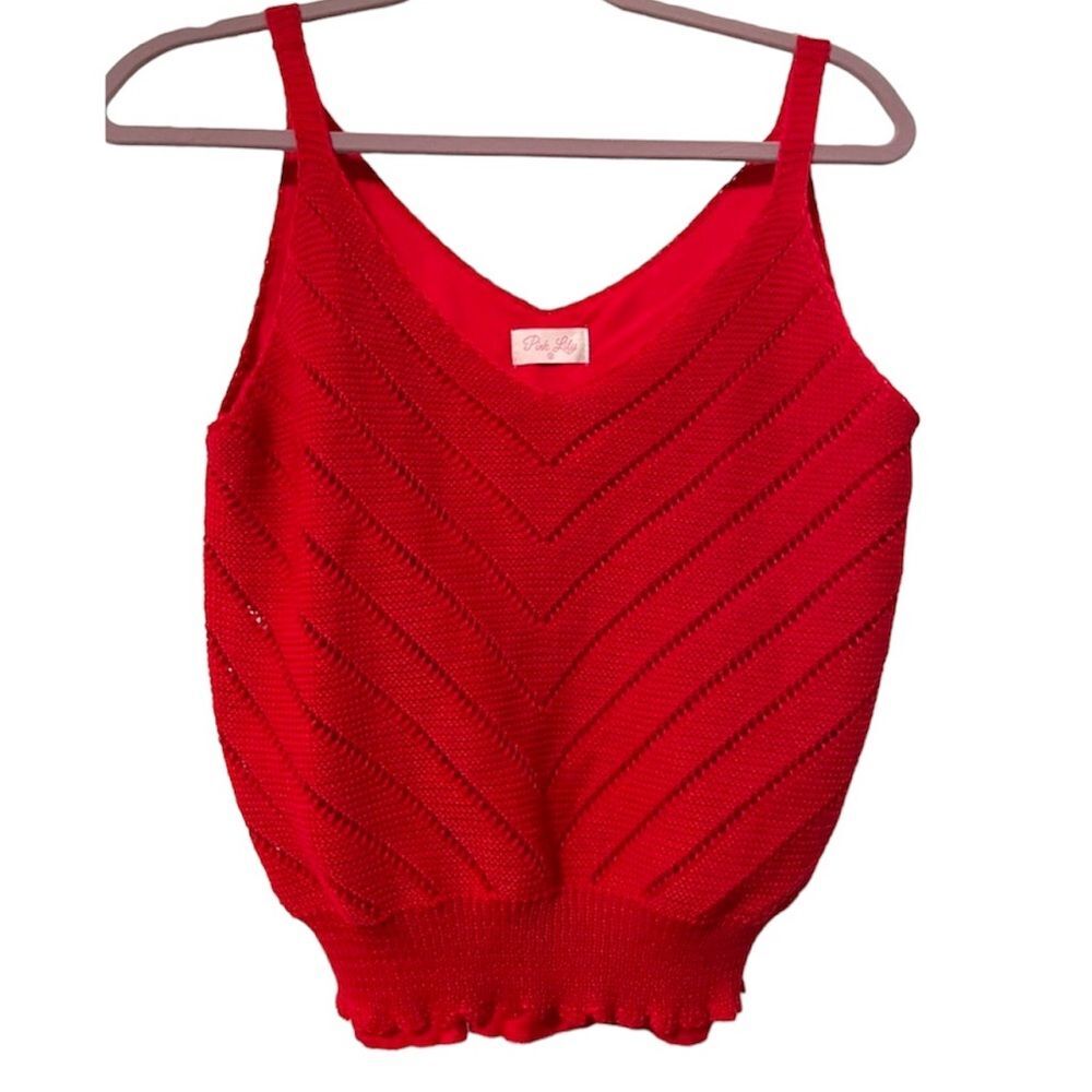 Pink Lily When I Met You Cami Tank Top Red Boho Pointelle Scalloped Women Medium